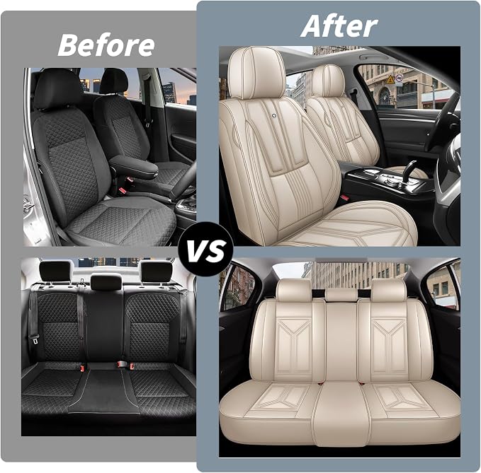 Arazi Fit for 98% of Mazda Seat Covers, 360° Full Wrap Original Seat Cover, Waterproof Nappa Leather Seat Covers with Big Space Storage Pocket Seat Protector(5 Seats Standard, Beige)