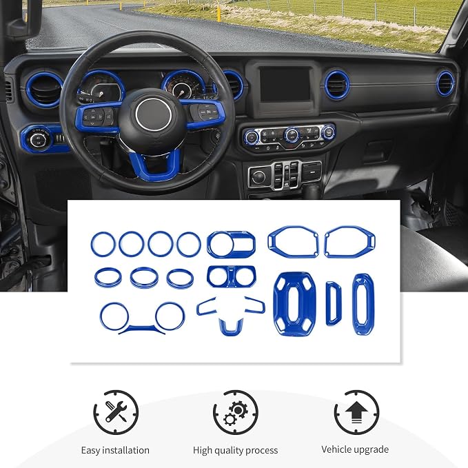 CheroCar Blue 20PCS Interior Trim Kit for Jeep Wrangler JL JLU & JT Gladiator 2018-2023,Dashboard,Steering Button Frame,AC Switch,Roof Speaker,Reading Light,Headlight Switch,Rear Air Vent Trim