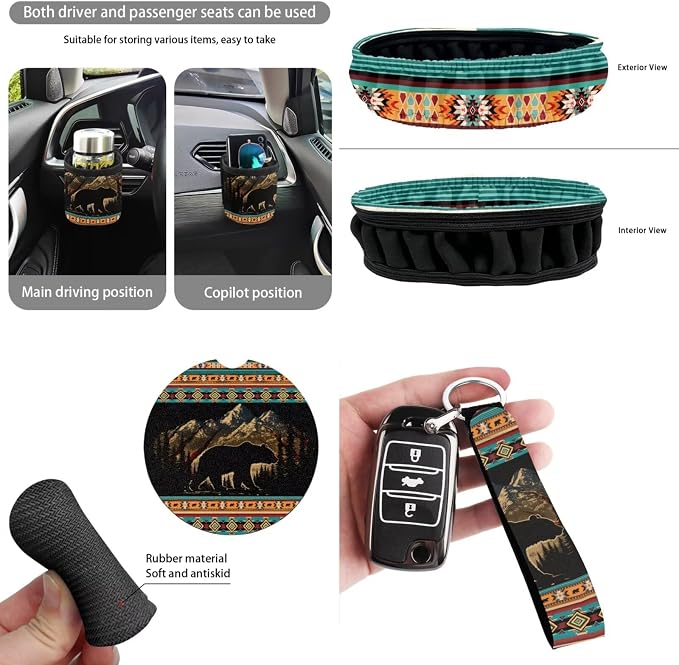 Dreaweet Mountain Bear Aztec Seat Covers for Cars Full Set 15 Pcs Universal Tribal Steering Wheel Cover Seat Belt Pads Car Coasters Trash Bag Air Vent Storage Pouch Rear View Mirror Cover Keychain