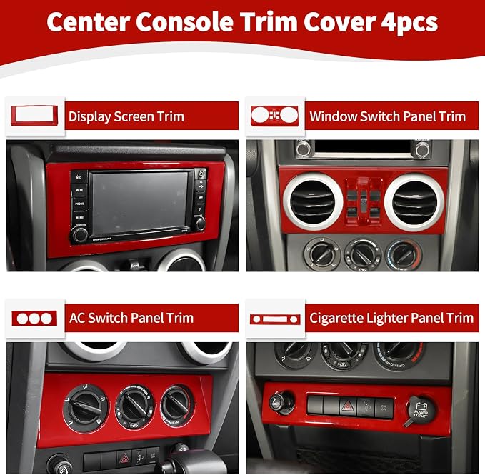 RT-TCZ for Wrangler JK Dashboard Center Console Control Panel Trim Cover Red for Jeep Wrangler JK JKU 2007-2010 Red Interior Accessories 4pcs