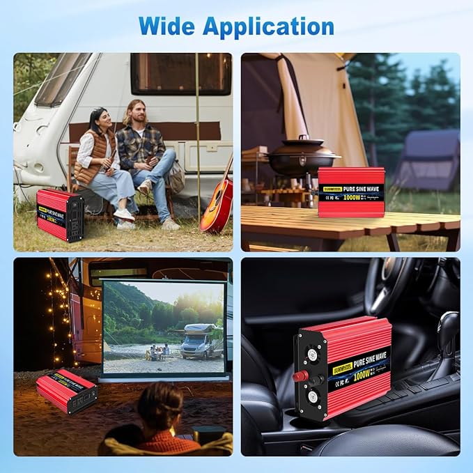 SUNWHEEL 1000W Pure Sine Wave Inverter, 12V DC to 110V/120V AC Power Inverter for RV、Off Grid、Truck with 2 AC outlets and LCD Display