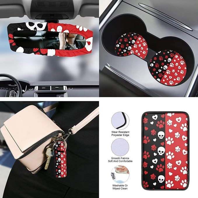 Dog Paw Print Car Seat Cover Sets Full Set Skull Love Print Front and Rear Car Seat Covers Steering Wheel Cover Safety Belt Pads Headrest Protectors Center Console Pad Keychain