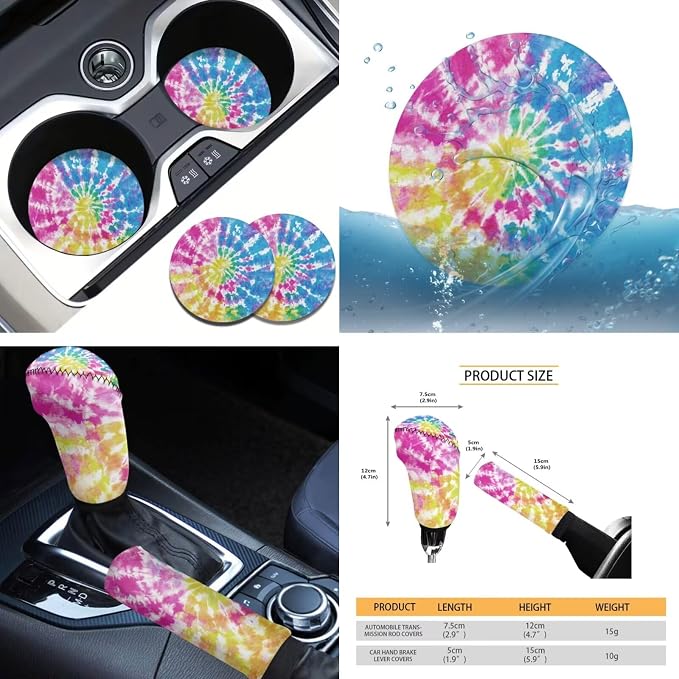 Tupalatus 9 Pcs Colorful Tie-Dye Car Seat Covers Front Seats Steering Wheel Cover Auto Seat Belt Cover Gear Shift Cover Hand Brake Cover Coasters for Cup Holders Universal Fit Car Accessories