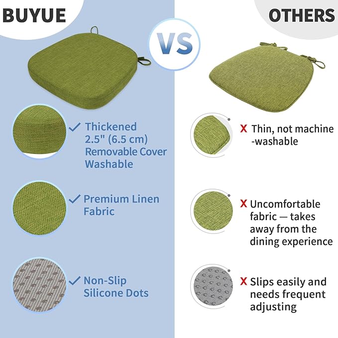 BUYUE Thickened 2.5" Dining Chair Cushions Set of 6, U-Shape High Density Foam Comfortable Chair Pads for Kitchen, Slip Resistant Indoor Seat Cushions (6 PCS, Grass Green)