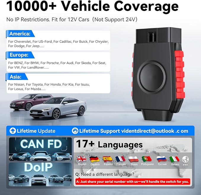 Bidirectional Wireless OBD2 Scanner for iOS & Android, VIDENT iSmartDiag 510 PRO Scan Tool with Lifetime Updates, 28 Resets, All System Diagnostics, Throttle Relearn, ABS Bleeding, EPB, CAN FD for GM