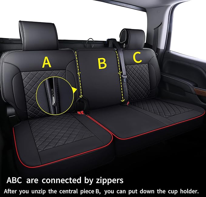 LUCKYMAN CLUB Chevy Silverado/Sierra P01-S1 Seat Covers Full Set, Fit 2019-2024 1500/2020-2024 2500 HD/3500 HD Crew Cab with Breathable Faux Leather (Full Set, Black/Red)