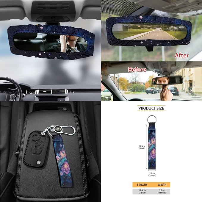 Turtle Peony Flower Star Butterfly Print Full Set with Front Back Seats Covers Steering Wheel Cover Rearview Mirror Cover Keychain Trash Can Auto Seat Belt Pads, Coaster for Women Men