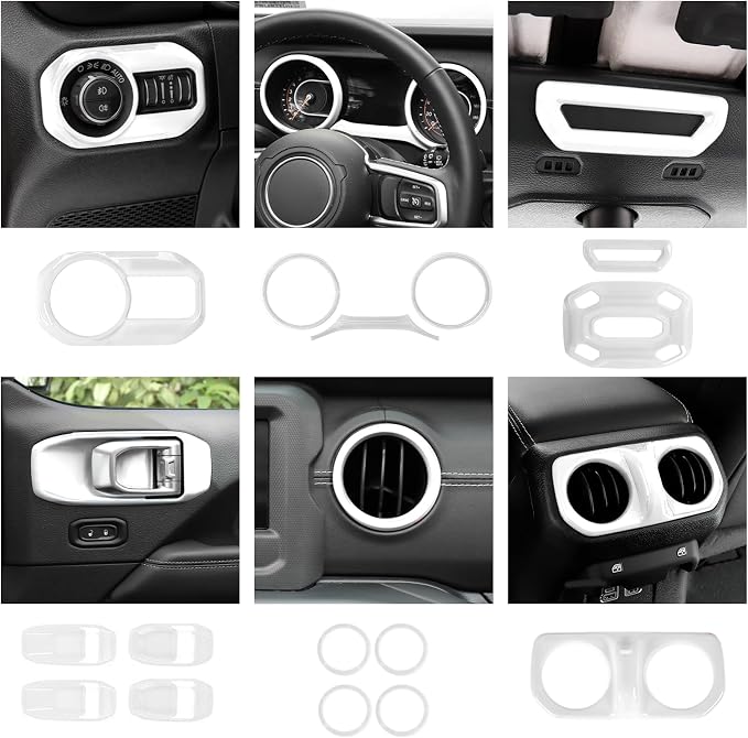 21PCS White Interior Trim Kits Fit for 2018-2023 Jeep Wrangler JL JLU & Gladiator JT 4Door Interior Decor Accessories Dashboard AC Headlight Switch Roof Speaker Inner Door Bowl Steering Button Frame