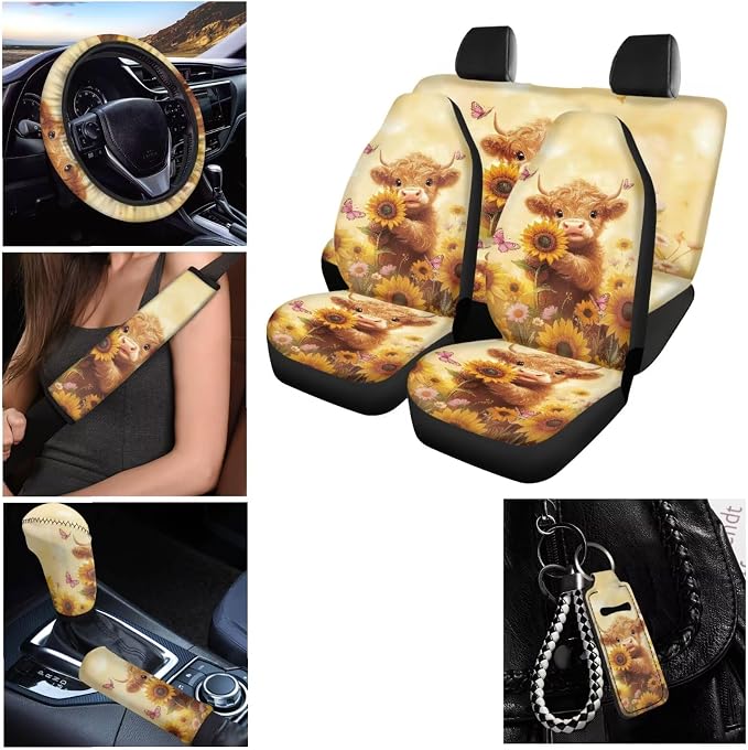 Highland Cow Car Seat Cover Full Set with Front Back Seats Steering Wheel Covers Auto Seat Belt Pads Cup Holder Coaster and Key Chains Shift Protector for SUV Truck Vans Sedans