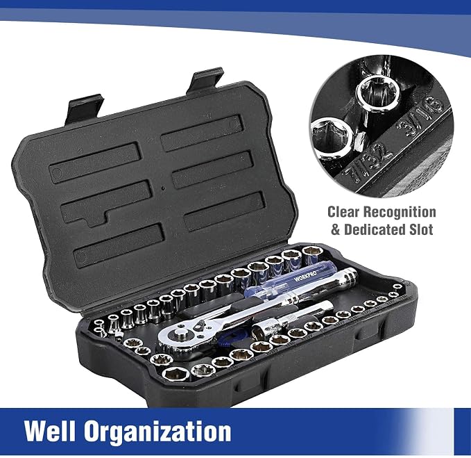 WORKPRO 39-Piece Drive Socket Wrench Set with Flexible Tool Tray, 1/4-Inch & 3/8-Inch Small Sockets Set, 3/8" Ratchets, Extensions, Spinner Handle & Adapter, Mechanics Tool Set with Tool Box, for Repa