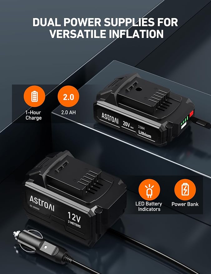 AstroAI Cordless Tire Inflator and AC to DC Converter 10A/120W/7.78FT/110V to12V Converter
