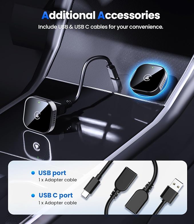 Teeran 2 in 1 Wireless CarPlay and Android Auto Adapter, Easy Setup Plug and Play, Fast Seamless Use Supports 1000+ Cars with Built-in Wired Car Play/Android Auto Compact Sleek Design Car Adapter