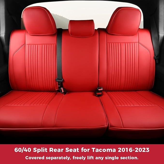 FREESOO Leather Car Seat Covers Fit for Toyota Tacoma 2016-2023 Full Coverage Seat Cover for Double/Crew Cab SR/SR5/Limited/TRD Pro/TRD Sport, Pickup Truck Seat Covers (5 Seats, Red)
