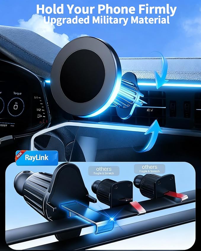 RayLink for Military-Grade Magnetic Car Mount【122+lbs Suction & 25lbs Magnet】 for MagSafe Phone Holder【3-in-1 Windshield+Vent+Dash】 Universal Cell Phone Holder for Car Truck SUV