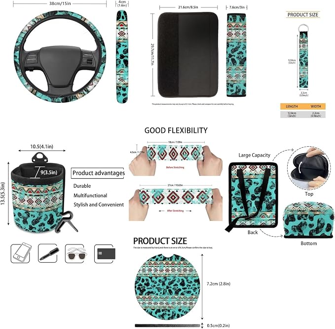 XYZCANDO Tribal Stripes Car Accessories Sets 15 PCS Car Seat Cover Set Steering Wheel Cover Garbage Bag Storage Box Rear View Mirror Cover Seat Belt Pads Cover Coasters Keychain Fit Most Cars