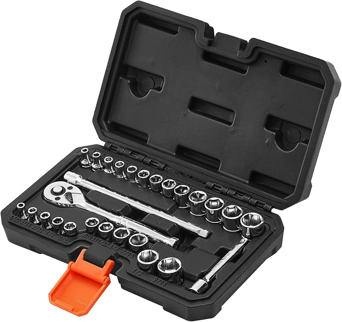 VEVOR Socket Set, 27 Pieces, 1/4 inch Drive Socket and Ratchet Set, SAE and Metric, Mechanic Tool Kit with Ratchet Wrench, Extension Bar and Storage Case, CR-V Alloy Steel, for Automotive Repair