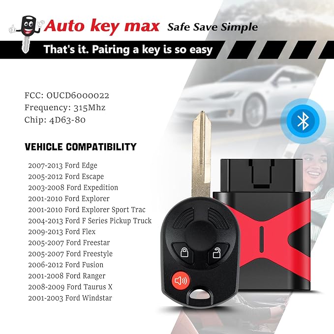 Programmable Keyfob, Replacement Car Keys and Fob Programmer Kit for 2005-2012 Ford Focus Mustang Fusion Edge Escape Exolorer Remote OUC6000022