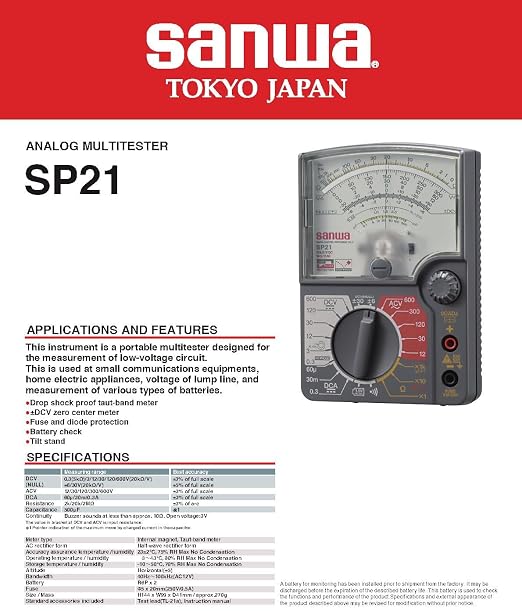 Japan Sanwa SP21 Analog Multitesters, Multi-Function/Multi-Range Pointer multimeter Zero Center Instrument Off beep Battery Check(SP21)