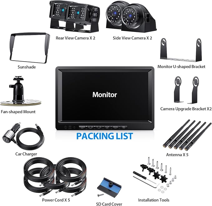 4 Wireless Backup Camera System HD 1080P 9" DVR Quad Split Monitor, IP69 Waterproof Hardwired Wireless Rear View Side View Cameras for RV Truck Trailer Camper, Loop Recording- ZEROXCLUB B904