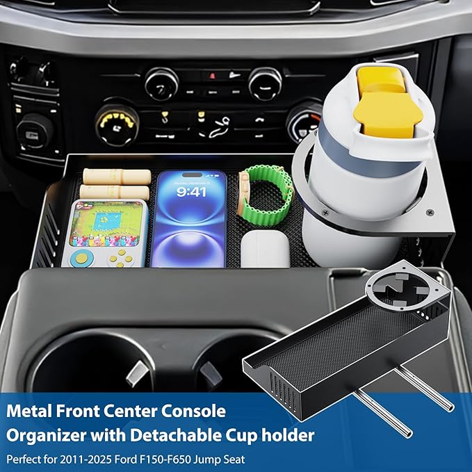 Highly Elastic Cargo Net for Pickup Truck Bed & All Metal Front Center Seat Headrest Organizer with Cup Holder Compatible with 2011-2025 2026 Ford F150 F250 F350 F450 F550 F650