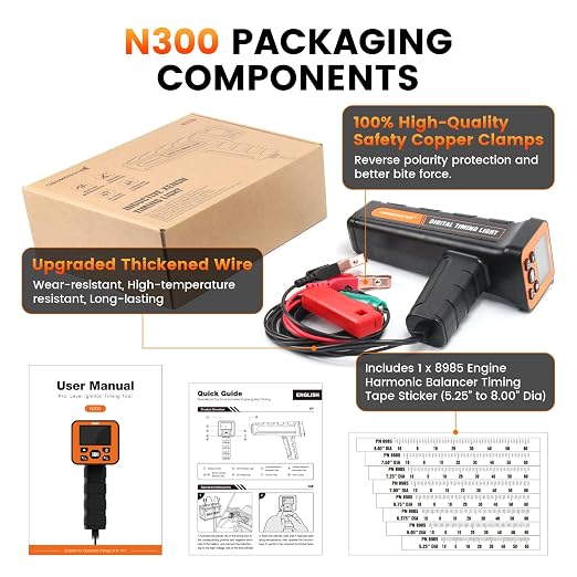 N300 Pro Digital Timing Light with Voltage Test & Dwell Angle, and Advance Angle & RPM, 2.6" LCD High-Definition Backlit Display, Works on 12V Gasoline Engines (2/4 Stroke)