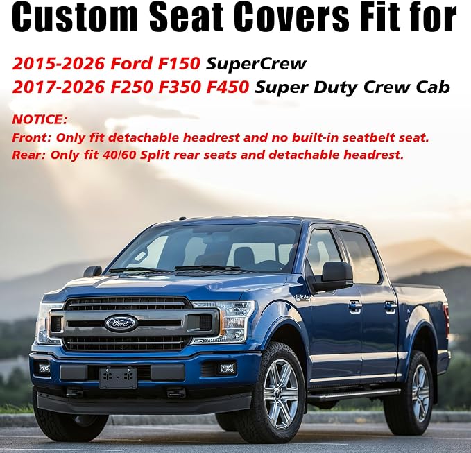 Truckiipa Front Ford F150 Seat Covers, Waterproof Leather Seat Covers Truck Fit for 2015-2026 Ford F150 SuperCrew, 2017-2026 F250 F350 F450 Super Duty Crew Cab, Front Pair, Blue&Black