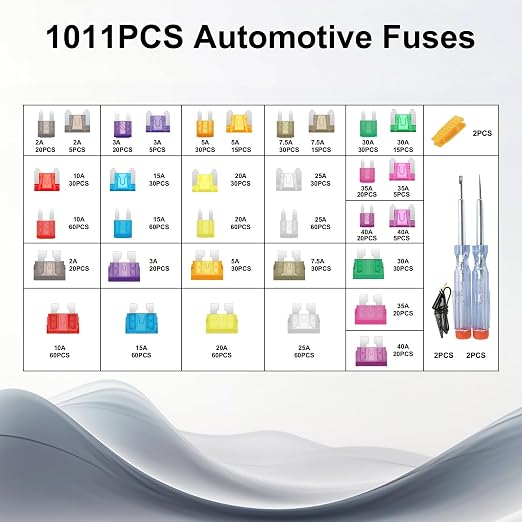 1011-Piece Universal Zinc Flake Car Fuse Set - 410 Standard, 410 Mini & 185 Micro Fuses (2A-40A), with 2 Removal Tools, 2 Testers & 2 Clips - Compatible with Cars, Trucks, RVs, Boats etc.