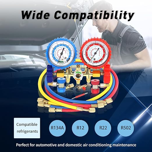 PB Motor Tech 3 Way AC Manifold Gauge Set for R134A, R12, R22 & R502 Refrigerants with Quick Couplers, 410 Adapter, Puncturing Can Tap & Valve Core Tool, for Automotive & Household AC Maintenance