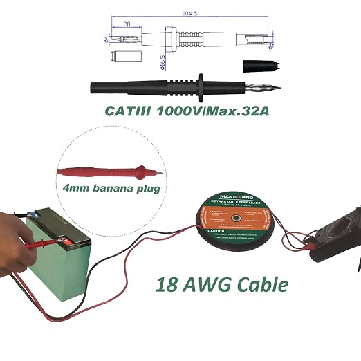 Retractable Test Leads 2 Wires 30FT 18AWG 10 in 1 Kit with Cable Bag and Multimeter Probe Alligator Clips Test Probe for Circuit Connection Electrical Testing and Troubleshooting