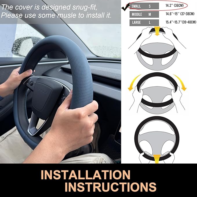 PINCTROT Nappa Leather Steering Wheel Cover for Tesla Model Y/3 Highland/Juniper, D Shaped 14 Inch Small Sized with Breathable Perforation, Fit Like Gloves, Flat Bottom 14 Inch(Nappa Smoky Blue)