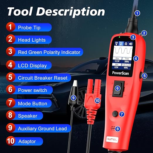 Autel PowerScan PS100 Power Circuit Probe Tester, Breaker Finder, 12V 24V Automotive Electrical Diagnostic Tool with 20ft Extension Cable, AVOmeter, Test Light, Continuity Checker, for 99% Cars