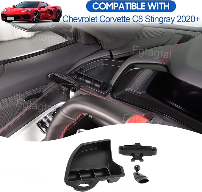 Center Console Multi-Mount Phone Holder Storage Box Compatible with Chevrolet Corvette C8 2020-2025, Dashboard Left Side Storage Tray Organizer, Telescopic Arm Holder