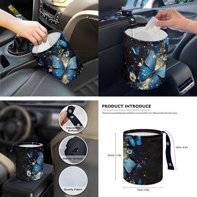15 Pcs Blue Glitter Butterfly Auto Interior Accessories Car Seat Covers with Auto Steering Wheel Cover Seat Belt Covers Car Trash Can View Mirror Cover Coaster Keychains