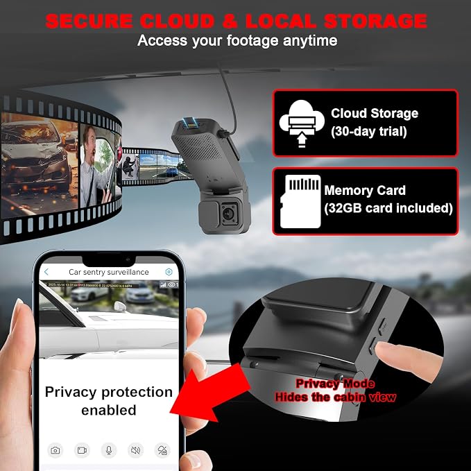 4G LTE Dash Cam with Live Streaming, Car Vandalism Surveillance Security Camera with Dual 155° Front & 180° Inside Camera, GPS Tracking, Radar Detect, G-Sensor, OBD II, 24/7 Parking Monitor