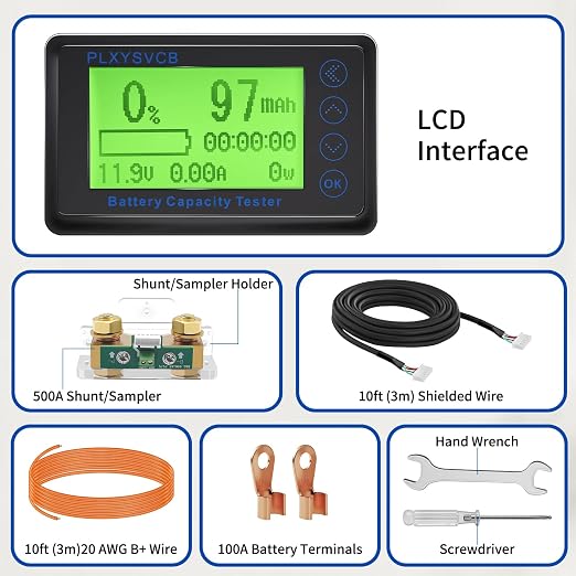500A Battery Monitor with Shunt, LCD Backlight Screen RV Monitor, High and Low Voltage Programmable Alarm, 10V-120V Battery Monitor for RV Motorcycle Golf Cart Trucks Boat Solar Panel
