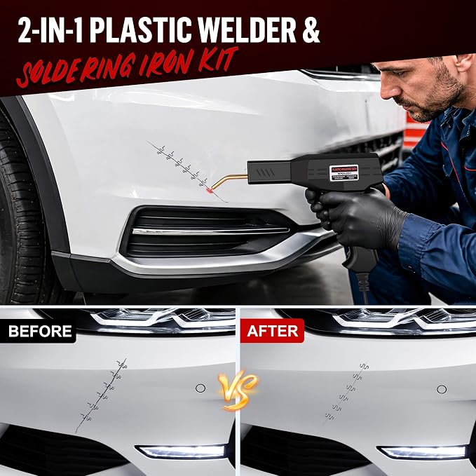Plastic Welder Kit, 1200PCS Hot Stapler 40PCS Rods, 2 in 1 Welding Gun for Car Bumper Repair | 1200PCS Staples, Stainless Steel Mesh, Aluminum Tape, Sandpaper, Screwdriver, Plier, Stand, for Car Bumper, Dashboard, Kayak