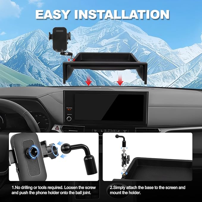 Car Phone Holder Compatible with Toyota Sienna 2025 Accessories 12.3-Inch Screen Fixed Clip, Cell Phone Mount with Dash Tray Organizer Hands-Free 360° Rotation (Not for LE Trim 8-Inch)