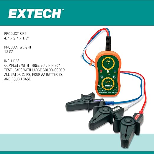 Extech PRT200 Non-Contact Phase Sequence Tester | Phase rotation (CW/CCW) and live-phase LEDs, 75-1000V AC, 45-65Hz, insulated alligator clips, magnetic back