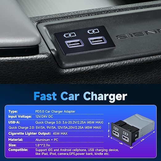 90W Car Charger USB c Dual Port Adapter Center Console Socket for Toyota Tundra Fast Charging (Flat USB(45W)+USB (45W))