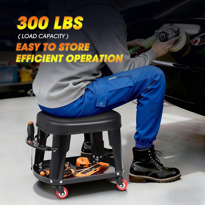 DNA Motoring TOOLS-00252 Removable Rolling Garage Stool with Seat Cushion & Tool Tray Plate,300lbs Max Weight Capacity