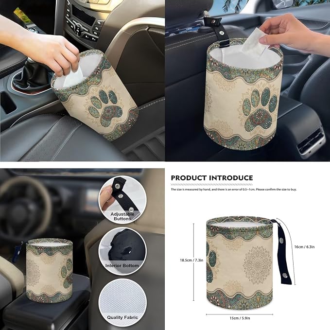 Boho Dog Paw Car Seat Covers Set of 15 with Universal Steering Wheel Cover, Rearview Mirror Cover, Car Trash Can, Seatbelt Pads, Cup Holder Coasters, Keychains
