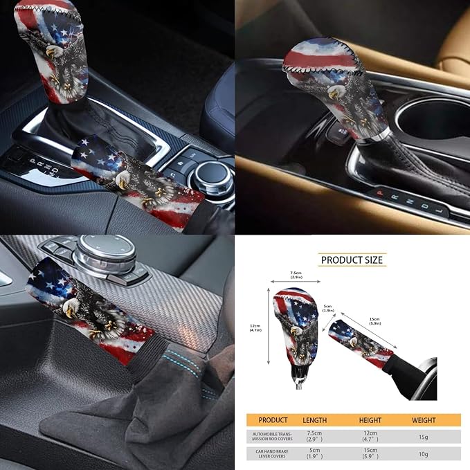 KEIAHUAN 11 Pcs Car Seat Covers Full Set for Men American Flag Bald Eagle with Handbrake and Gear Shift Knob Cover,Headrest Cover, Coasters,Non-Slip Car Steering Wheel Cover,Coasters