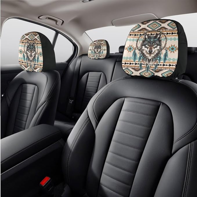 Wanyint Aztec Wolf Dream Catcher Car Seat Cover Split Covers Set for Women Men, 15 Inch Steering Wheel Cover, Headrest Cover Cup Coasters Handbrake Cover Gear Shift Cover Auto Accessories