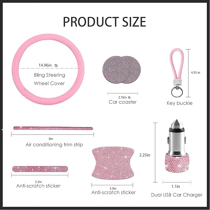Guoord 33-Piece Bling Car Accessories Set for Women - Rhinestone Steering Wheel Cover, Diamond Door Stickers, Auto Hooks, Vent Outlet Trim, Tire Valve Stem Caps, and Cup Holders (Pink)