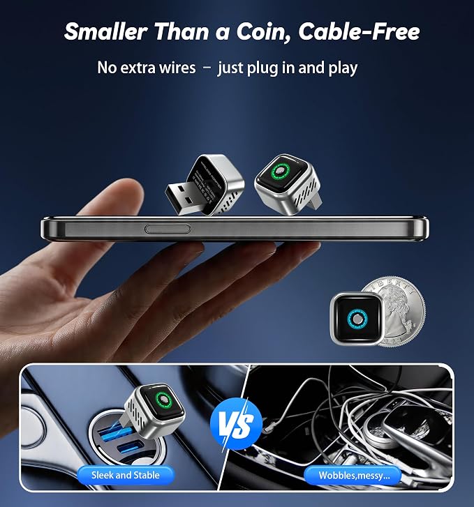 2026 Upgraded Wireless CarPlay Adapter with Buttons for Privacy Call & Two-Phone Fast Switch, Aluminum Cooling, Dual-Band WiFi, Mini Cable-Free, Compatible with Apple iPhone & Android Auto, Gray