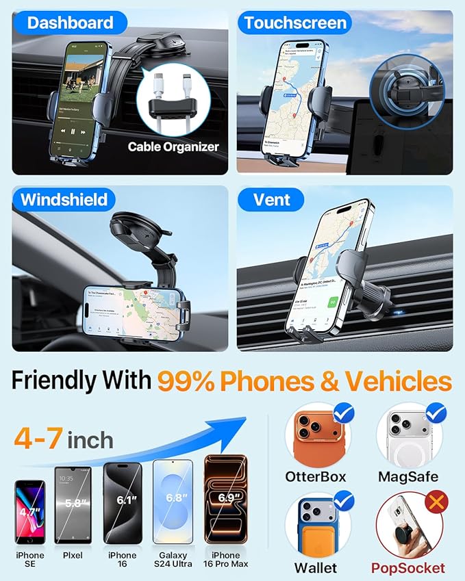 HTU Upgraded Strongest Suction Car Phone Holder Bendable Arm, Never Block View Rotatable Cellphone Mount for Dashboard Windshield Vent, Cradle Stand for iPhone 17 16 15 14 13 12 Pro Max (Dark Pink)