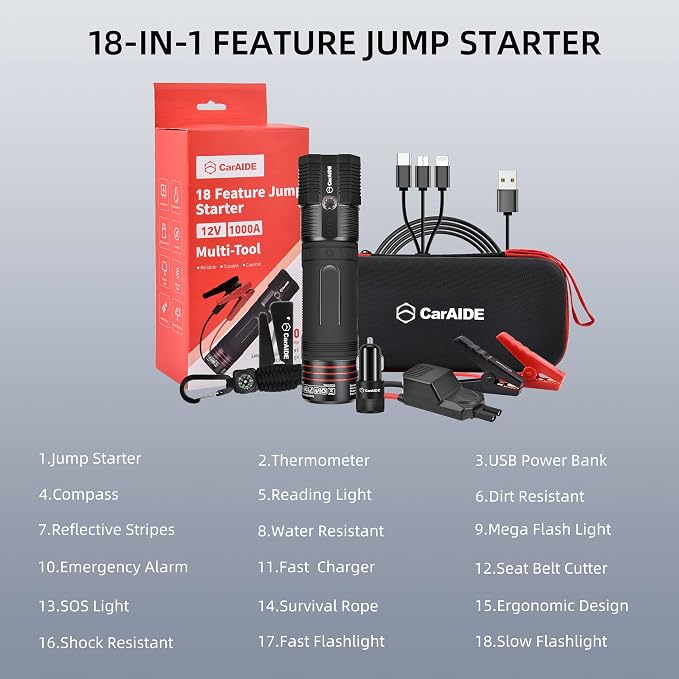 Jump Starter with Case 12V 1000Amp 29600mWh (up to 7L Gas, 4.0L Diesel Engine), 18 in 1 multi function Car Jumper with Flashlight, Compact Car Booster and Portable Battery Charger