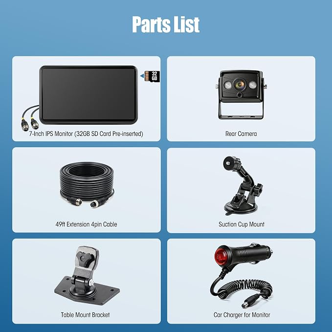 Wired Backup Camera System for Skid Steer, 7.02" DVR IPS Touchscreen with AHD IP69K Water/Dust Proof Rear Camera, Vibration-Proof 20G for Hitching, Tractor, Truck, Heavy Equipment, AYT102