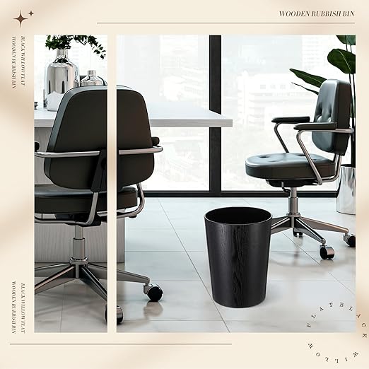 Threehoney 2 Pack 2.3 Gallons Wood Trash Can Wastebasket Natural Wood Round Wastebasket Small Trash Bin for Home, Office Under Desk, Kitchen, Bedroom, Hotel, Room(Black,Flat)