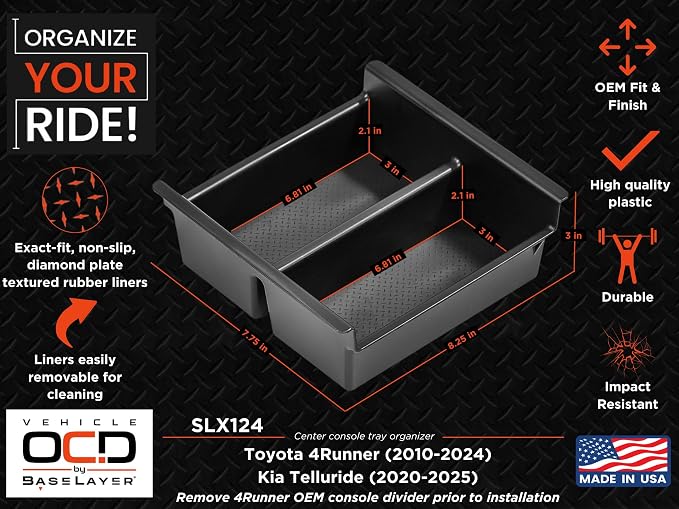 Vehicle OCD - Center Console Organizer Tray for Toyota 4Runner (2010-2024) and Kia Telluride (2020-2026) - Made in USA - SLX124